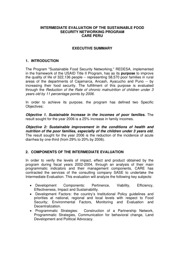 Intermediate evaluation of the sustainable food security networking program : CARE Peru -- executive summary