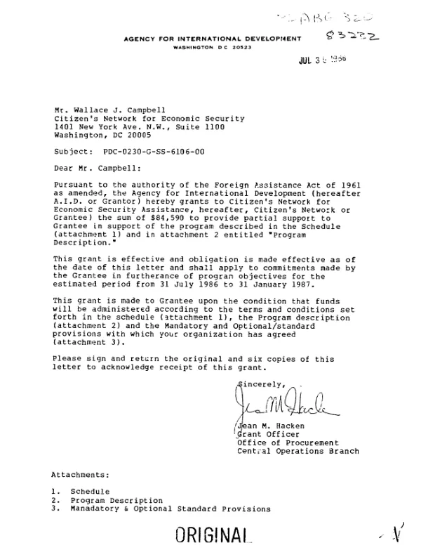 AID grant no. PDC-0230-G-SS-6106-00 to Citizens" Network for Economic Security Assistance for a program in development education