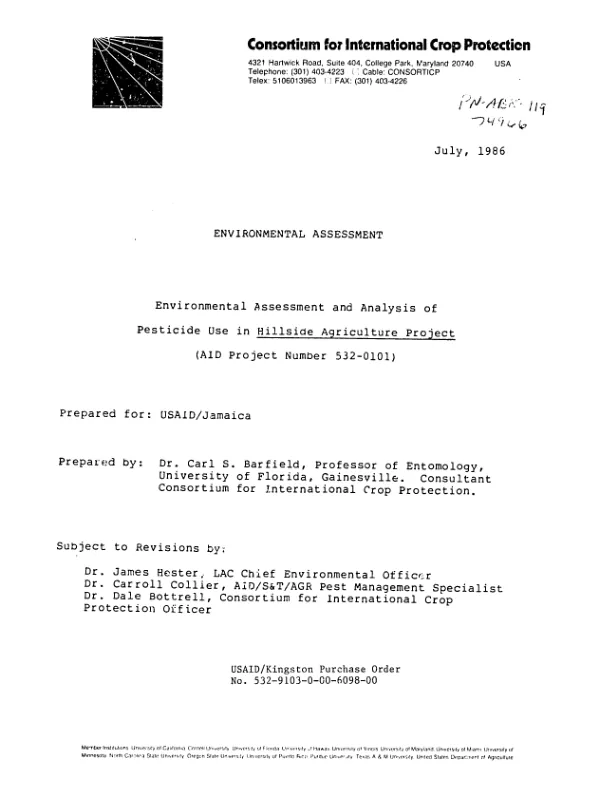 Environmental assessment and analysis of pesticide use in hillside agriculture project