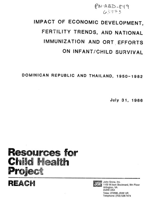 Impact of economic development, fertility trends, and national immunization and ORT efforts on infant/child survival, Dominican Republic and Thailand, 1950-1982