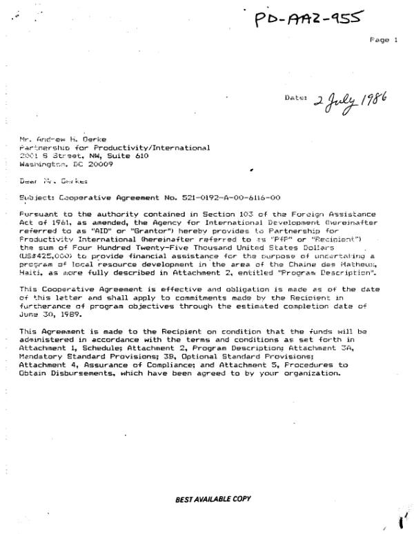 AID cooperative agreement no. 521-0192-A-00-6116-00 to Partnership for Productivity/International for a program of local resource development