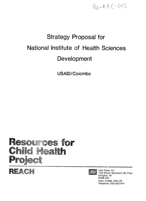 Strategy proposal for National Institute of Health Sciences development : USAID/Colombo, June 17-July 19, 1986
