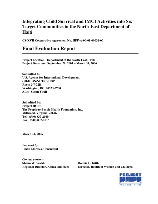 Integrating child survival and IMCI activities into six target communities in the North-East Department of Haiti : CS-XVII cooperative agreement no. HPF-A-00-01-00031-00 -- final evaluation report