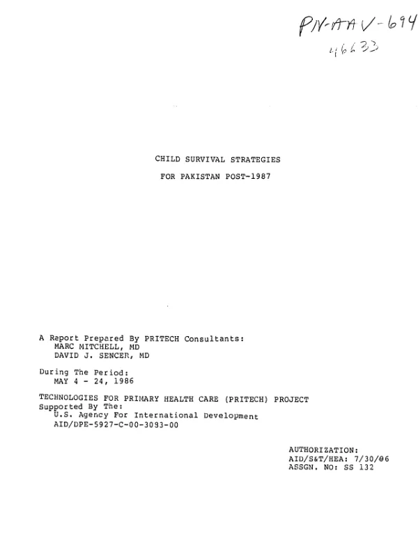 Child survival strategies for Pakistan post-1987