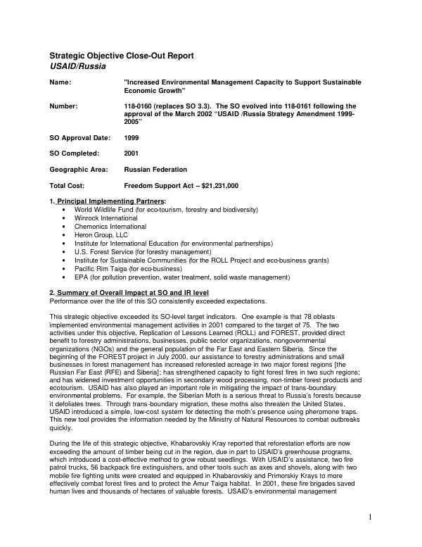 Strategic objective close-out report : USAID/Russia -- increased environmental management capacity to support sustainable economic growth