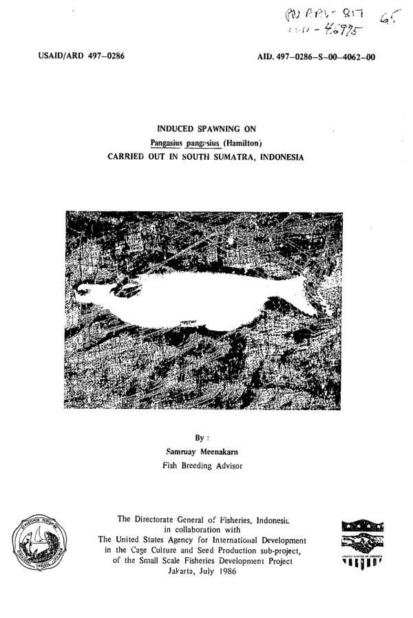 Induced spawning on Pangasius pangasius (Hamilton) : carried out in South Sumatra, Indonesia