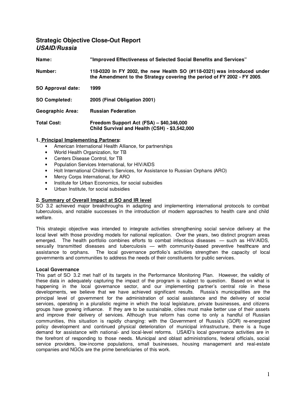 Strategic objective close-out report : USAID/Russia -- improved effectiveness of selected social benefits and services