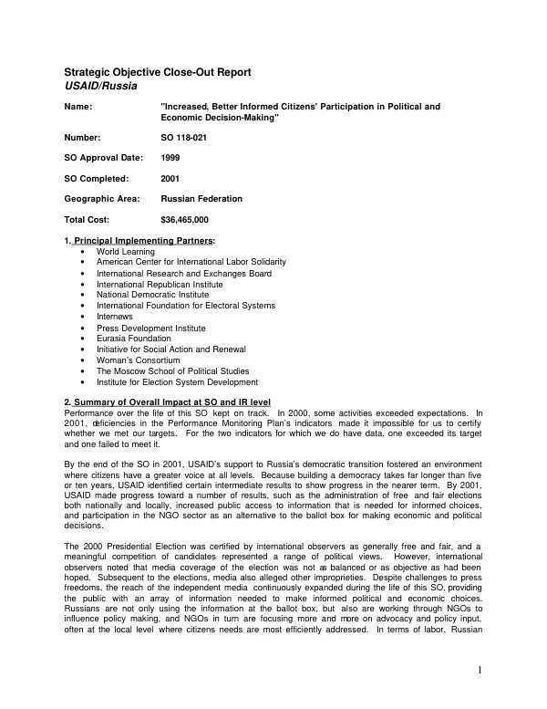 Strategic objective close-out report : USAID/Russia -- increased, better informed citizens' participation in political and economic decision-making