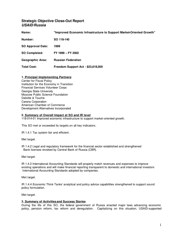 Strategic objective close-out report : USAID/Russia -- improved economic infrastructure to support market-oriented growth
