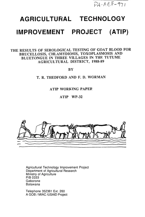 Results of serological testing of goat blood for brucellosis, chlamydiosis, toxoplasmosis and bluetongue in three villages, in the Tutume Agricultural District, 1988-89