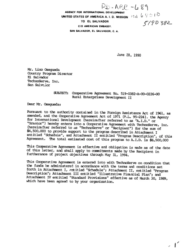 AID cooperative agreement no. 519-0382-A-00-0226-00 -- rural enterprises development II -- with Technoserve, Inc.