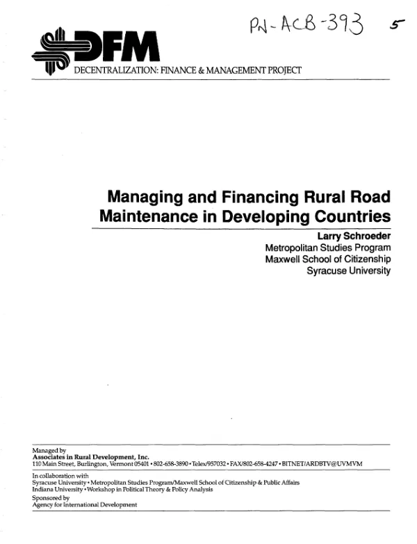 Managing and financing rural road maintenance in developing countries