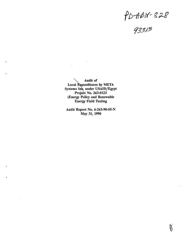 Audit of local expenditures by META Systems Inc. under USAID/Egypt project no. 263-0123 (energy policy and renewable energy field testing)
