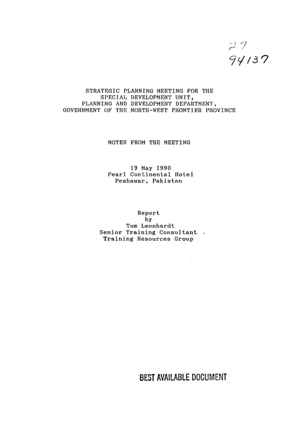 Strategic planning meeting for the Special Development Unit, Planning and Development Department, Government of the North - West Frontier Province, Peshawar, Pakistan, 19 May 1990 : notes from the meeting