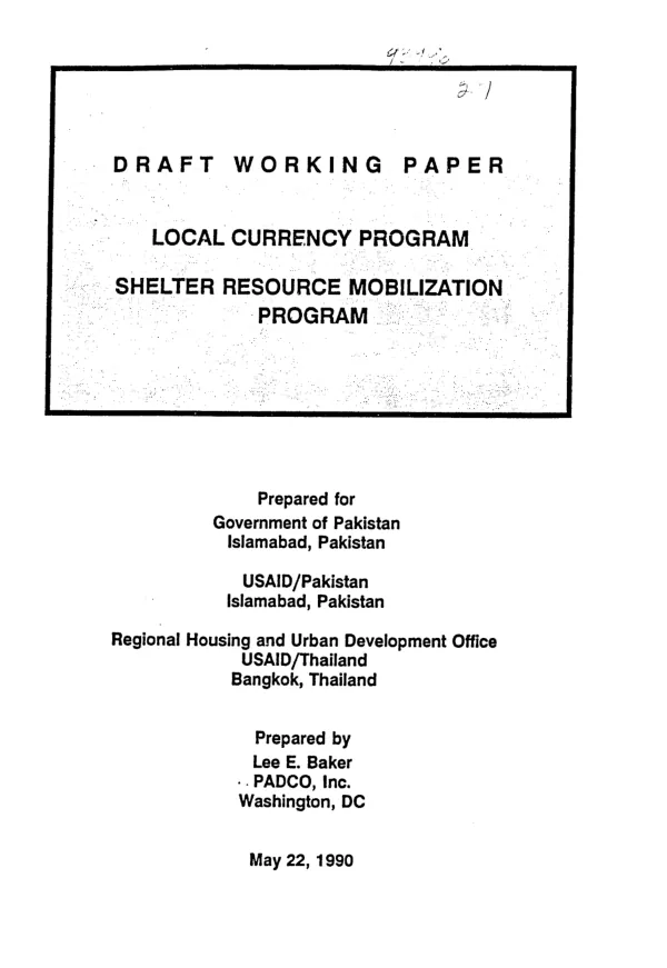Local currency program, shelter resource mobilization program : draft working paper