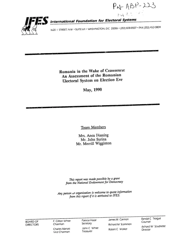 Romania in the wake of Ceausescu : an assessment of the Romanian electoral system on election eve