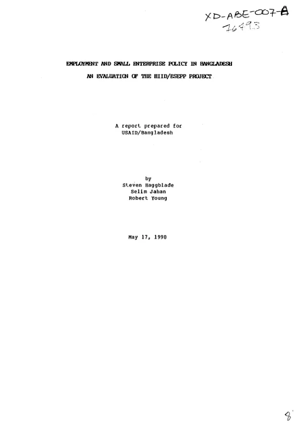 Employment and small enterprise policy in Bangladesh : an evaluation of the HIID/ESEPP project