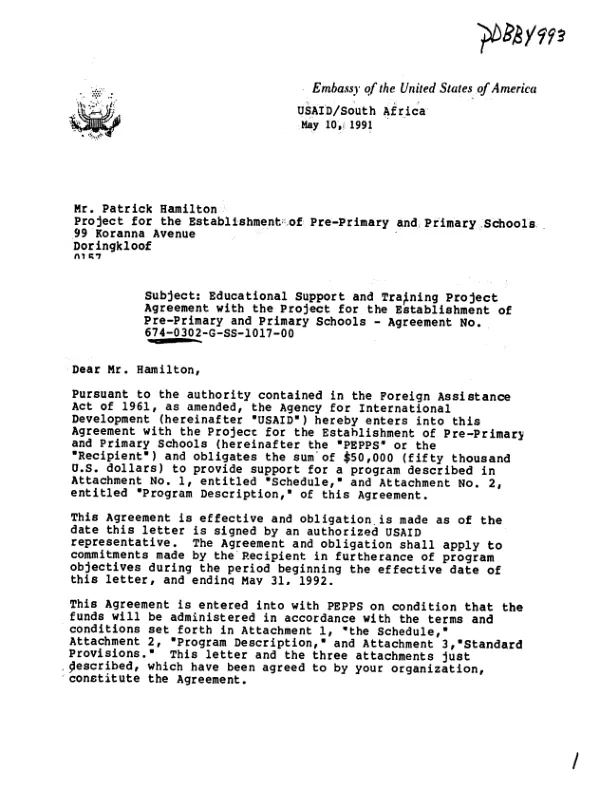 AID agreement no. 674-0302-G-SS-1017-00 with Project for the Establishment of Pre-Primary and Primary Schools to provide support for the educational support and training project