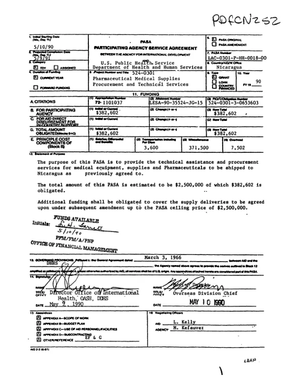 PASA -- Participating Agency Service Agreement between Agency for International Development and US Public Health Service, Department of Health and Human Services [for pharmaceutical medical supplies procurement and technical services -- IAA component]
