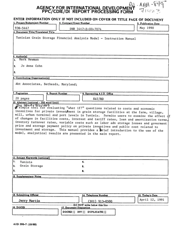 Tunisian grain storage financial analysis model : instructional manual