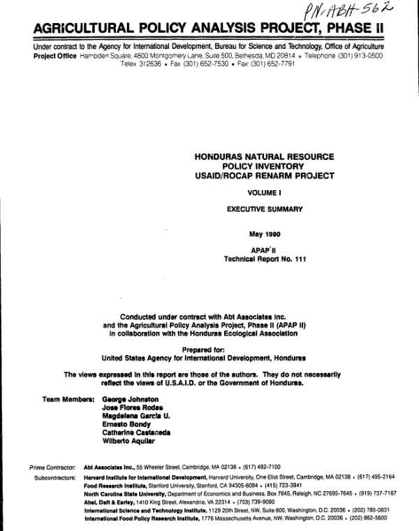Honduras natural resource policy inventory : USAID/ROCAP RENARM [regional environmental and natural resource management] project