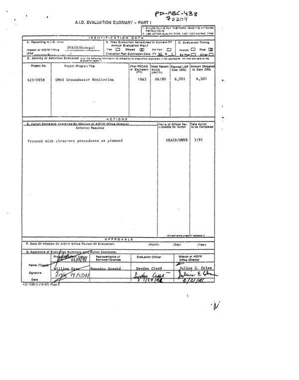 OMVS groundwater monitoring project (project 625-0958) : final evaluation