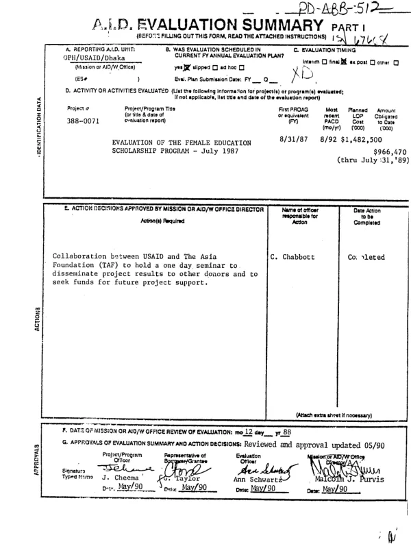Evaluation of the female education scholarship program -- July 1987