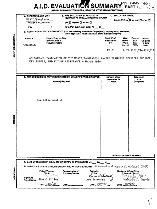 Overall evaluation of the USAID/Bangladesh family planning services project : key issues, and future assistance, March 1986