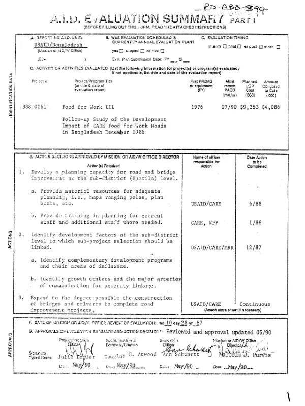Food for Work III : follow-up study of the development impact of CARE Food for Work roads in Bangladesh, December 1986