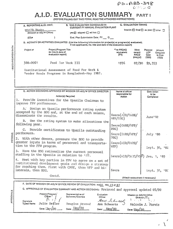 Food for Work III : institutional assessment of Food for Work and feeder roads programs in Bangladesh, May 1987
