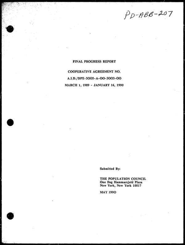 Final progress report : cooperative agreement no. AID/DPE-3005-A-00-3003-00, March 1, 1989-January 16, 1990