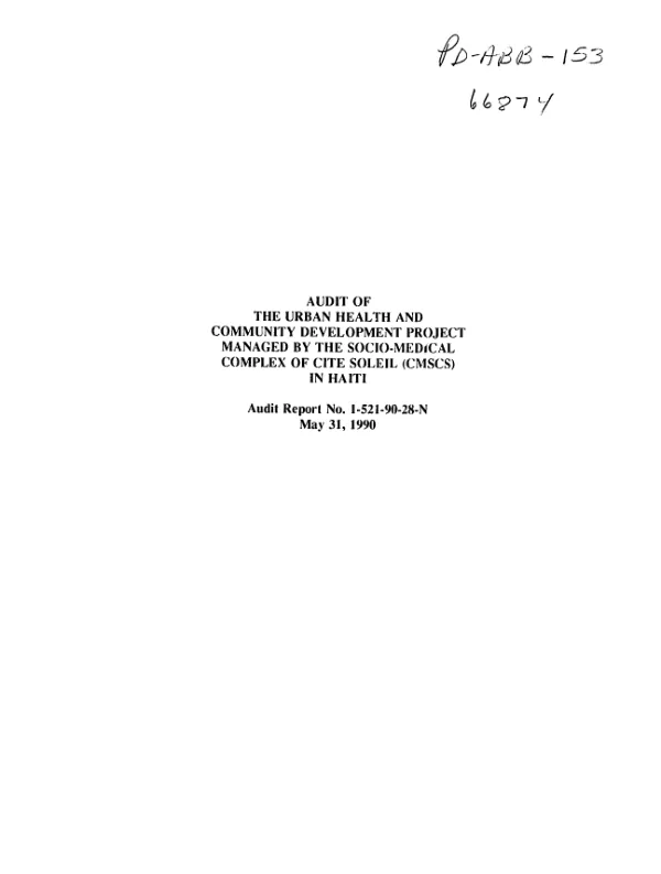 Audit of the urban health and community development project managed by the Socio-Medical Complex of the Cite Soleil (CMSCS) in Haiti