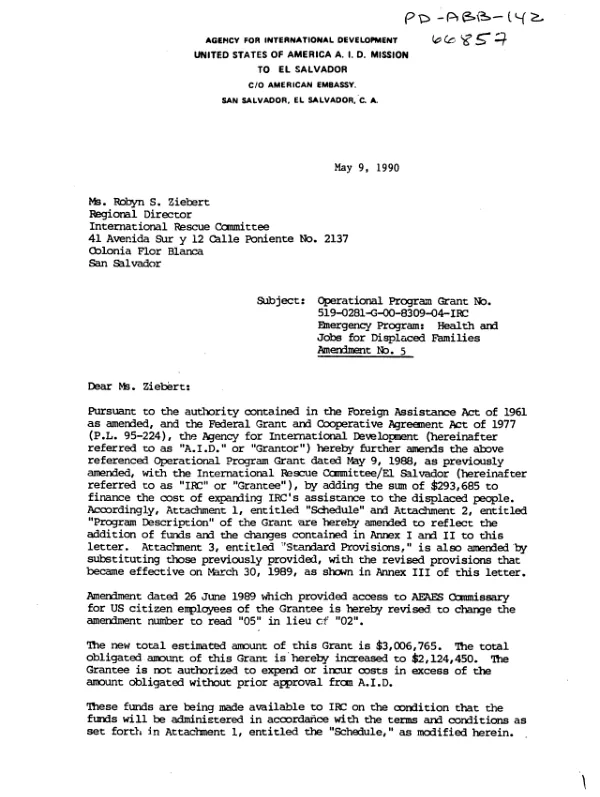 AID operational program grant no. 519-0281-G-00-8309-04-IRC emergency program, health and jobs for displaced families, amendment no. 5 with the International Rescue Committee