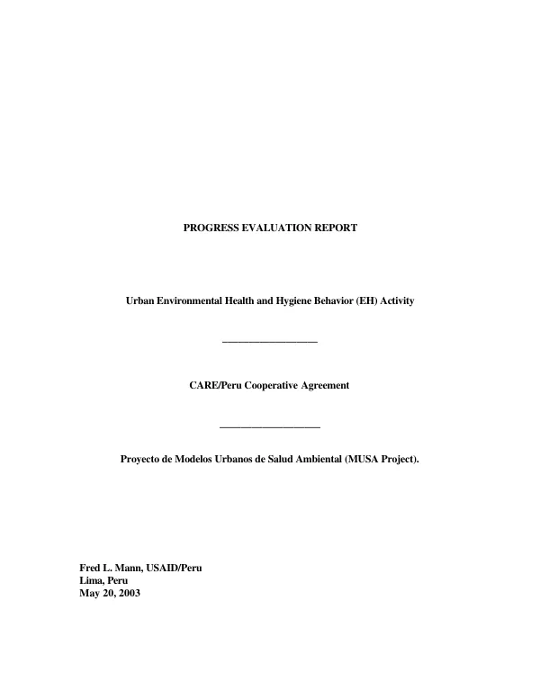 Progress evaluation report : urban environmental health and hygiene behavior (EH) activity -- CARE/Peru cooperative agreement