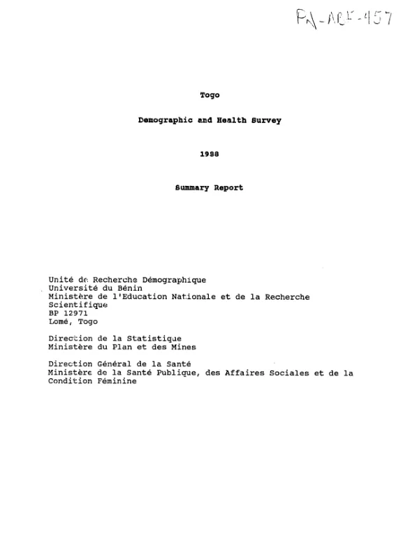 Togo demographic and health survey 1988 : summary report