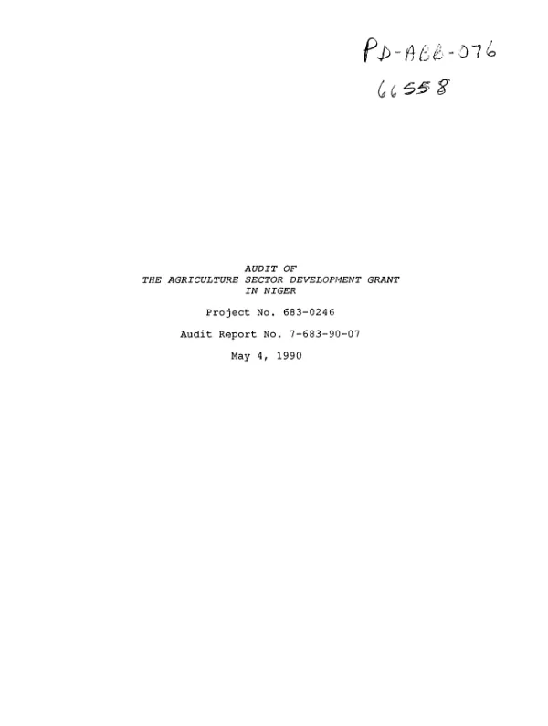 Audit of the agriculture sector development grant in Niger, project no. 683-0246