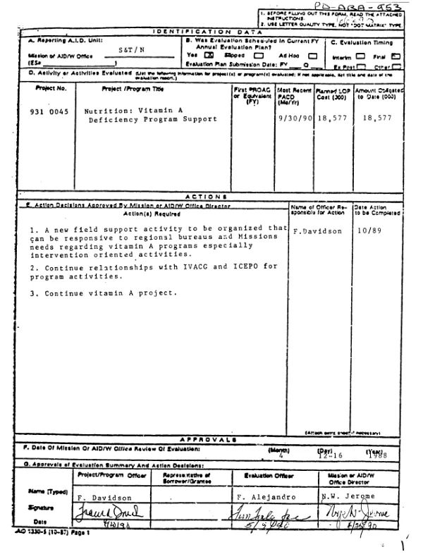 Nutrition : vitamin A deficiency program support