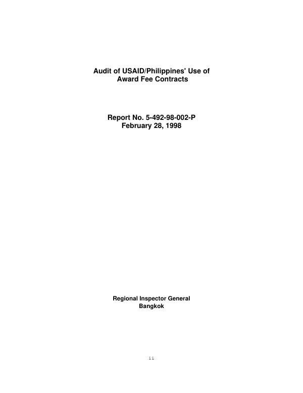 Audit of USAID/Philippines" use of award fee contracts