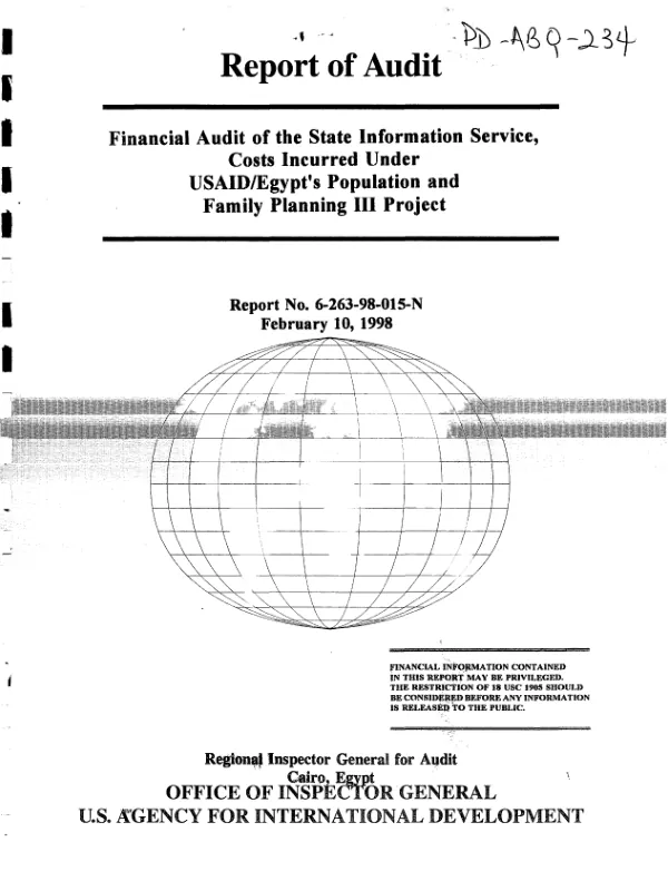 Financial audit of the State Information Service, costs incurred under USAID/Egypt"s population and family planning III project