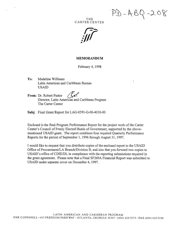 USAID core support -- "reinforcing democracy in the Americas," grant no. LAG-0591-G-00-4010-00 : final project performance report for [the] period September 1, 1996 -- August 31, 1997