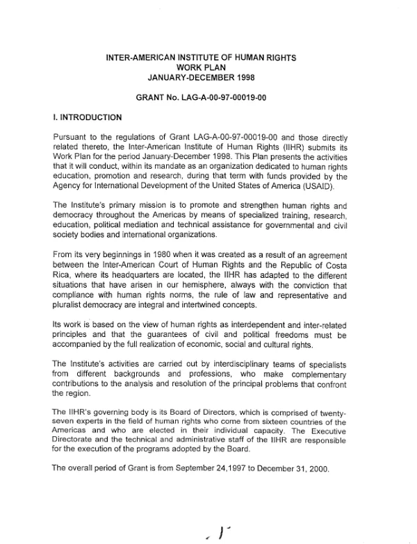Inter - American Institute of Human Rights : work plan - January-December 1998 - grant no. LAG-A-00-97-00019-00