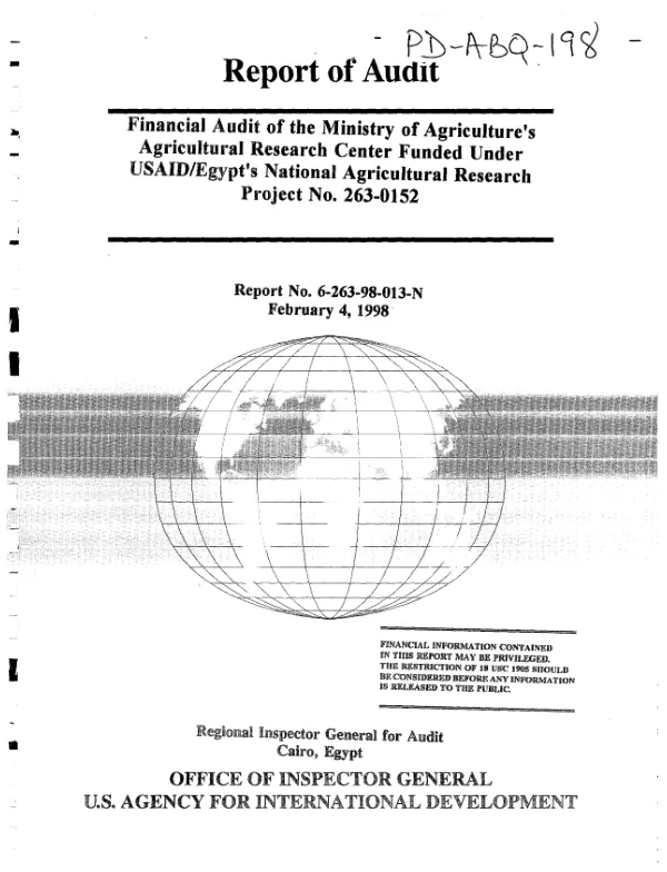 Financial audit of the Ministry of Agriculture"s Agricultural Research Center funded under USAID/Egypt"s national agricultural research project no. 263-0152