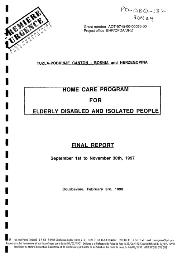 Home care program for elderly disabled and isolated people : final report -- September 1st to November 30th 1997