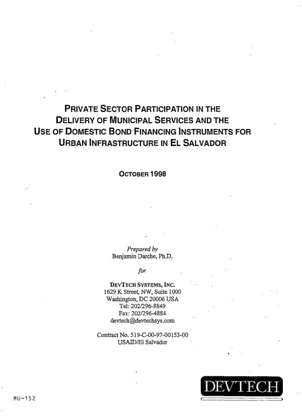 Private sector participation in the delivery of municipal services and the use of domestic bond financing instruments for urban infrastructure in El Salvador