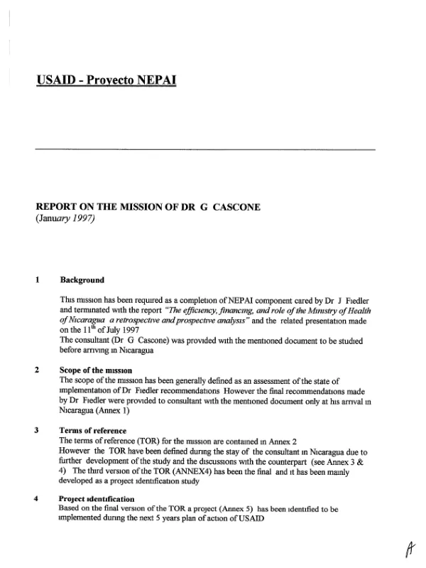 Report on the mission of Dr. G. Cascone