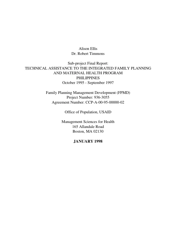 Sub-project final report : technical assistance to the integrated family planning and maternal health program -- Philippines : October 1995-September 1997