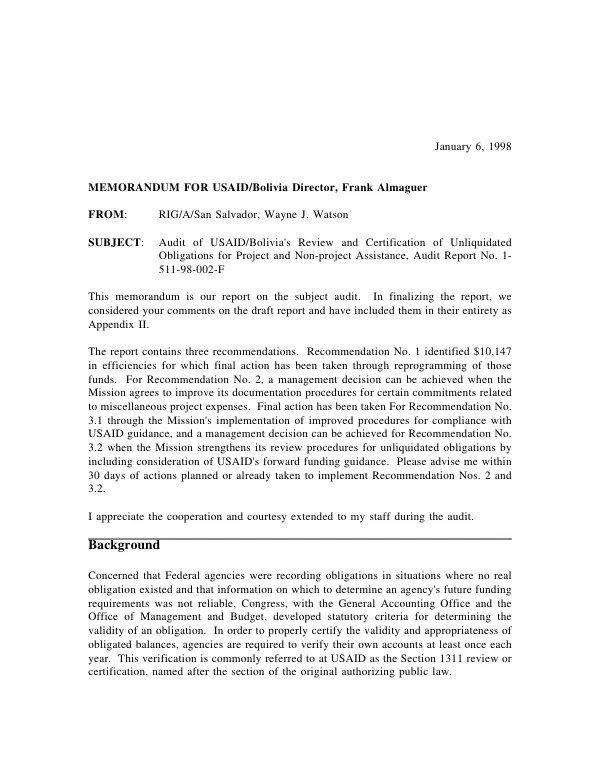 Audit of USAID/Bolivia"s review and certification of unliquidated obligations for project and non-project assistance