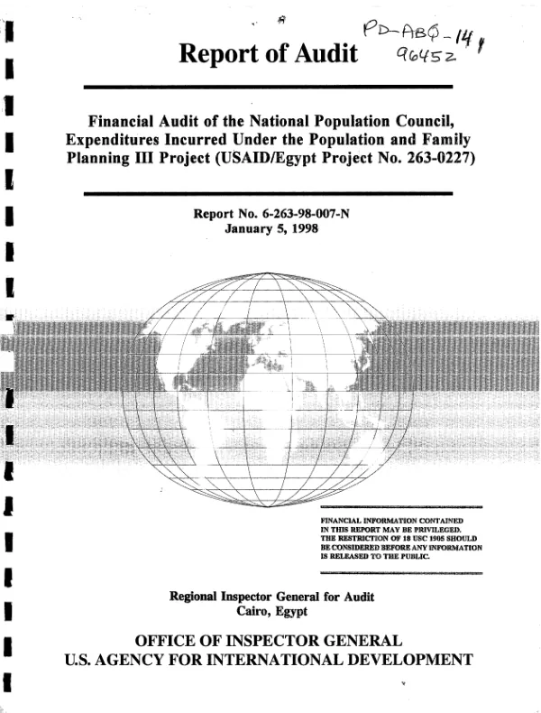 Financial audit of the National Population Council, expenditures incurred under the population and family planning III project (USAID/Egypt project no. 263-0227)