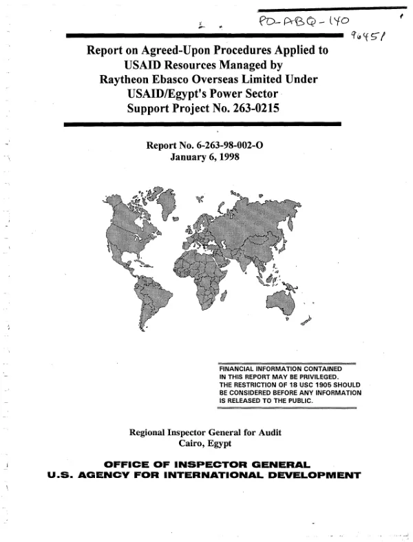 Report on agreed-upon procedures applied to USAID resources managed by Raytheon Ebasco Overseas Limited under USAID/Egypt"s power sector support project no. 263-0215