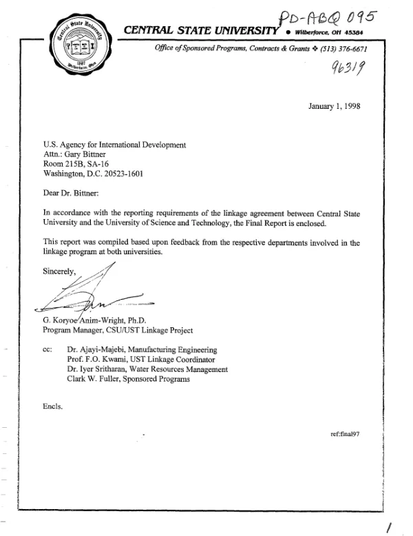 Final report of linkage agreement between Central State University and the University of Science and Technology, Ghana